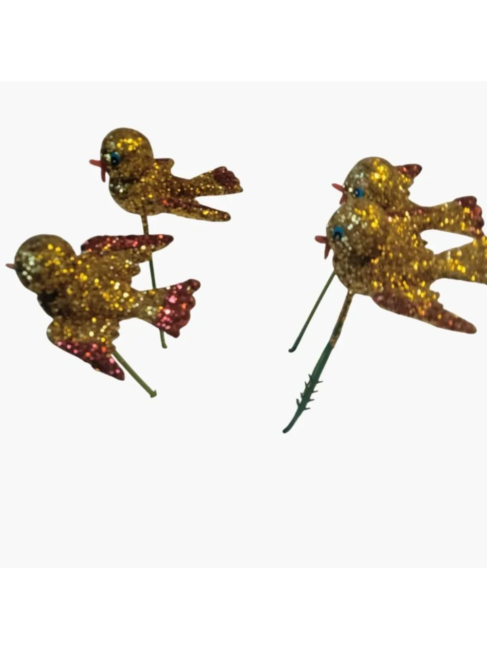 Glitter Gold Bird Ornament Green Wire Stem Decoration Crafting Lot 4